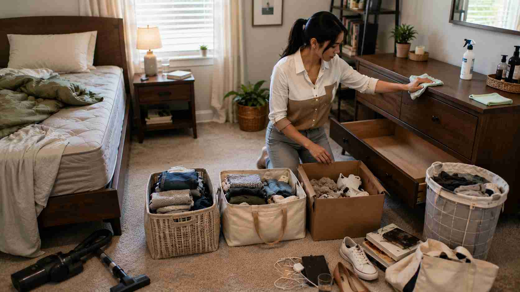 Woman cleaning and organizing a bedroom