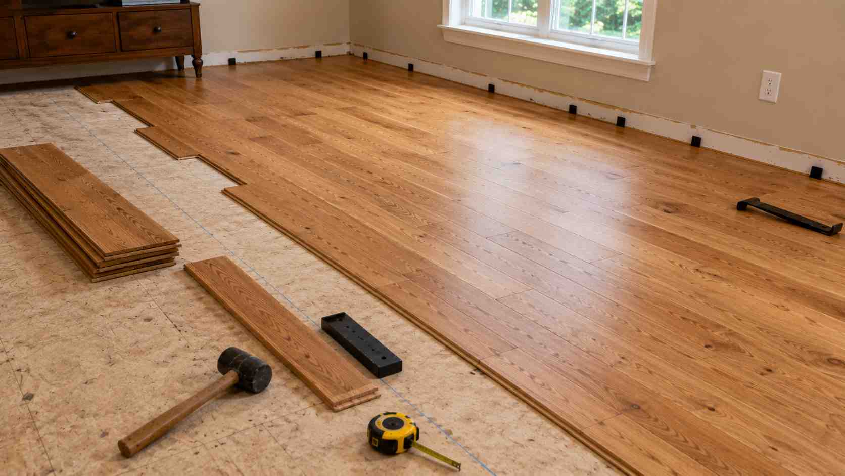DIY Hardwood Flooring project showing installed wood planks and installation tools.
