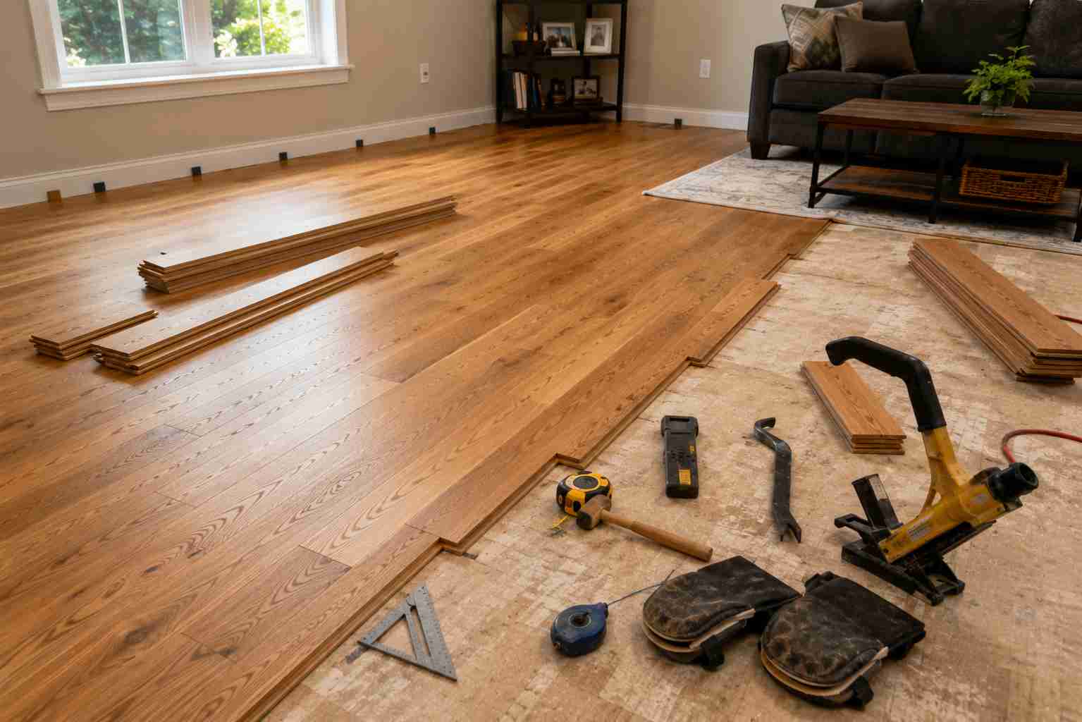 DIY Hardwood Flooring installation with wood planks, tools, and unfinished floor area.