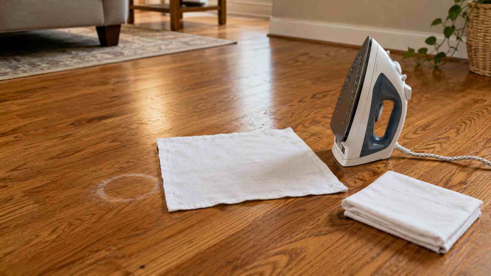 Getting stains out of wood floor with iron and cloth