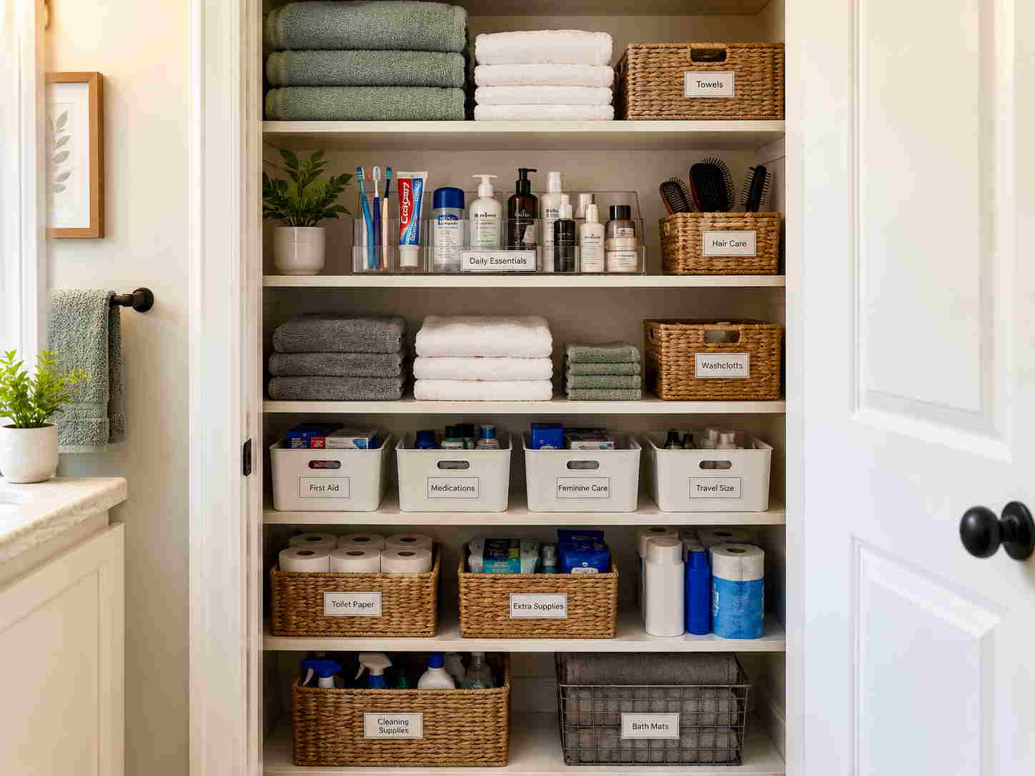 Small bathroom with closet ideas for an organized linen closet.