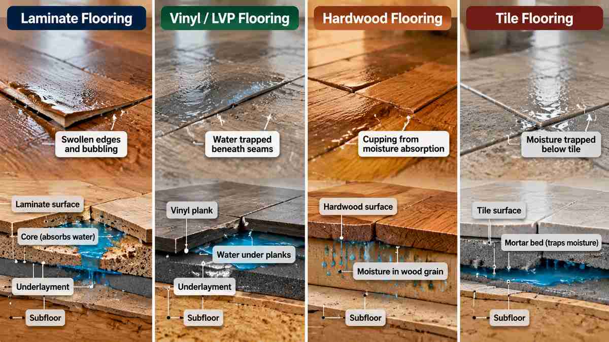Drying water under flooring by floor type