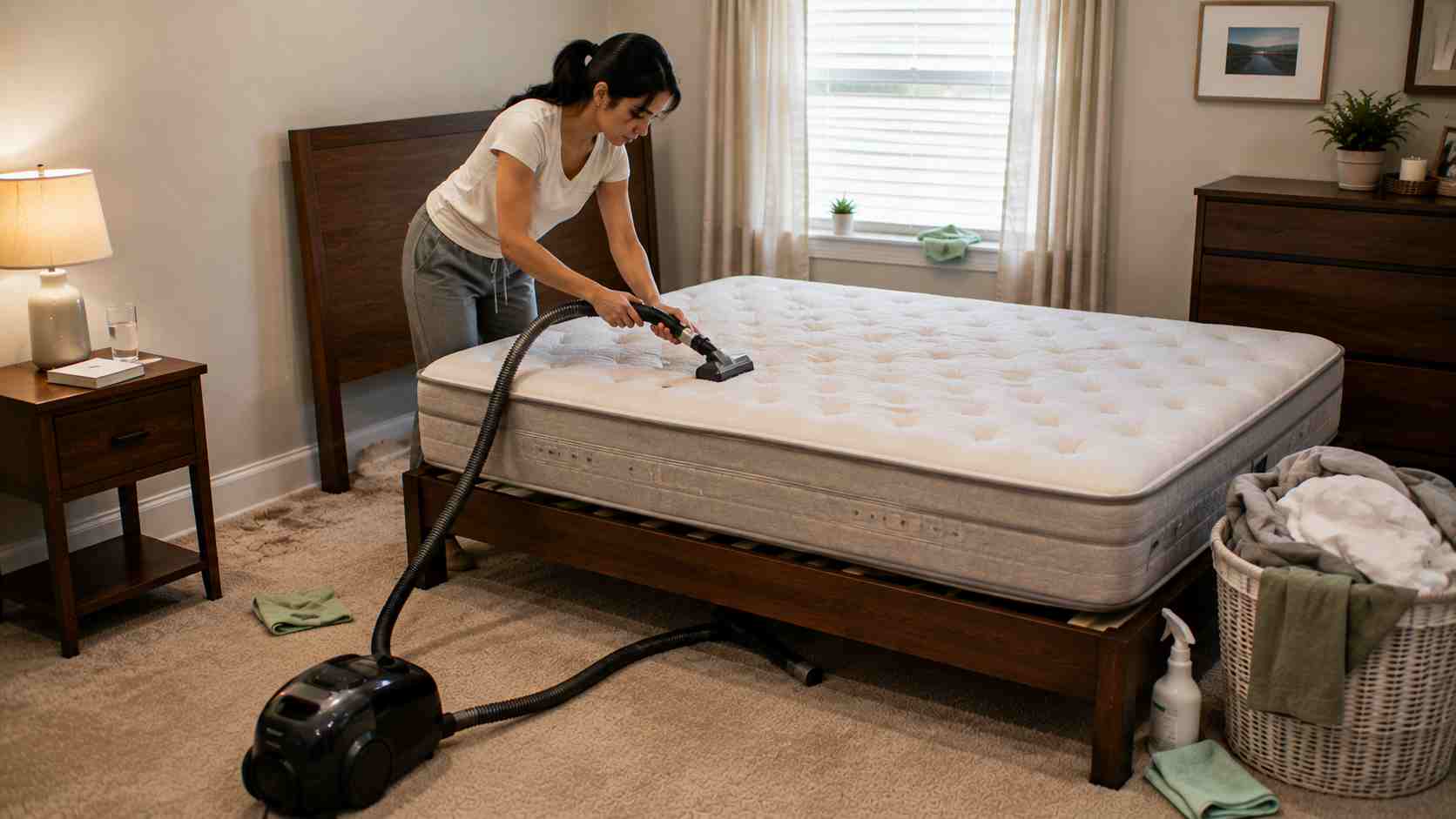 A woman following her bedroom cleaning checklist by vacuuming her mattress