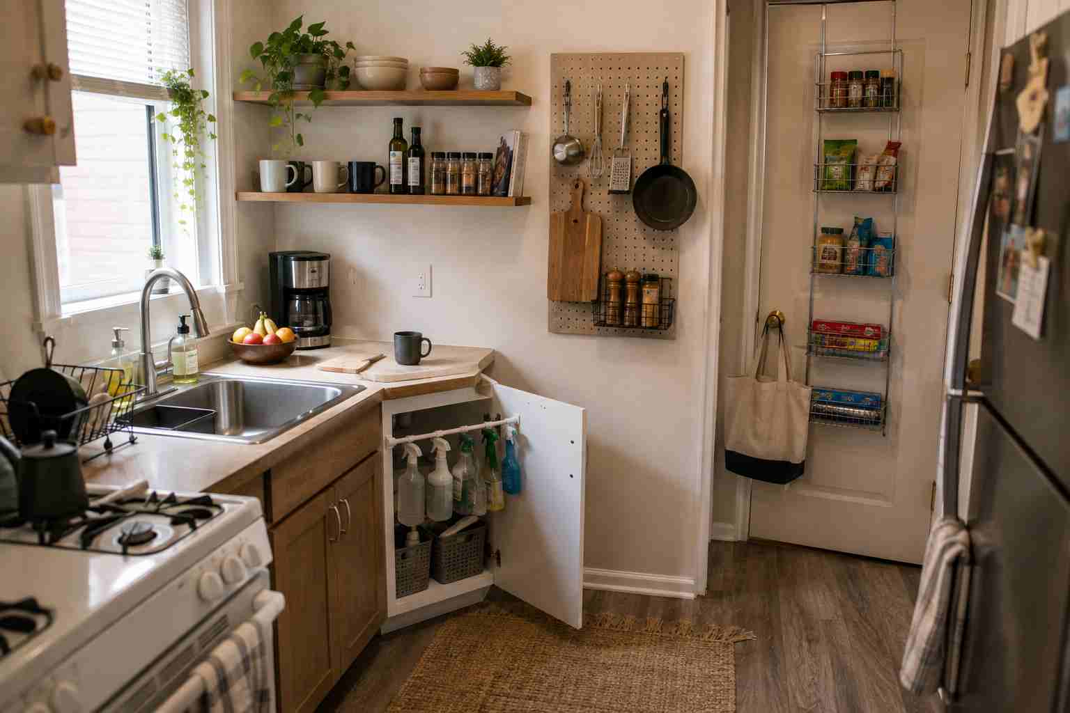 Best Hacks for Kitchen Organization That Actually Work A kitchen organized by floating shelves