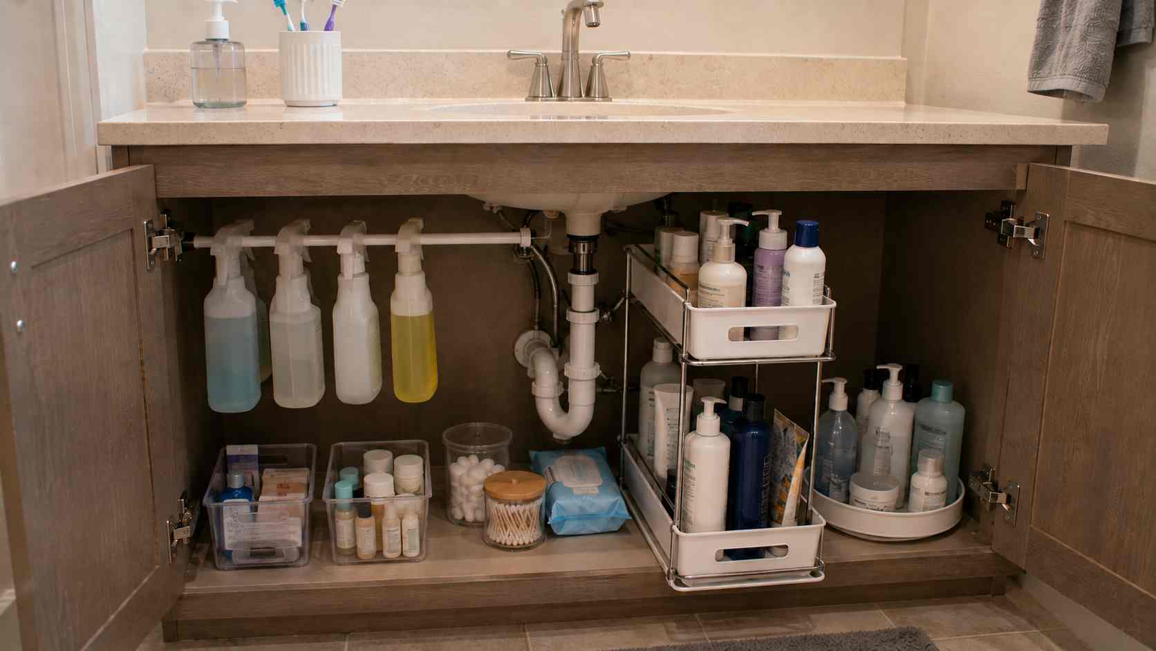Bathroom products organized under the sink