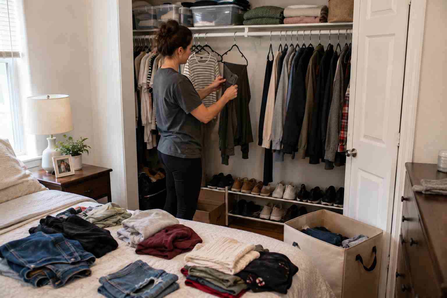 Declutter Your Bedroom: Simple Tricks That Actually Work A woman sorting and hanging clothes in bedroom closet