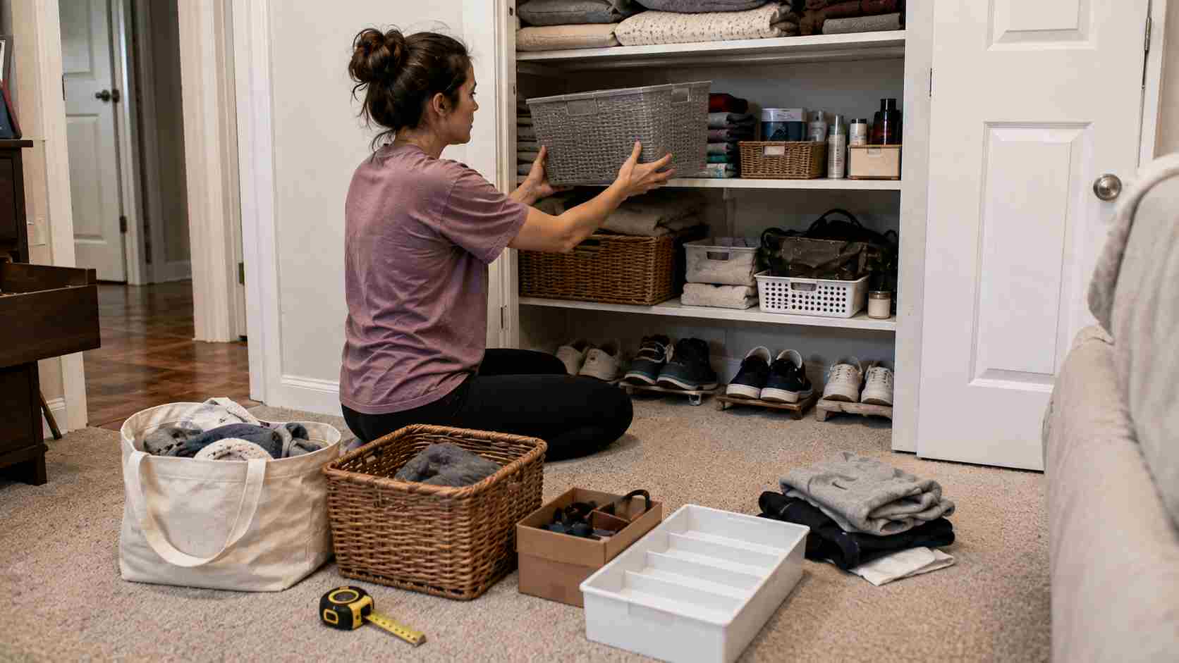 Decluttering Mistakes And Simple Fixes A woman with too many storage boxes but less space