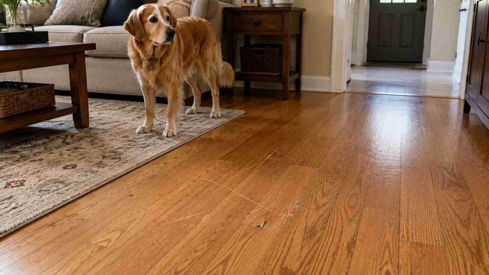 Dog scratches on wood floor with visible marks on hardwood surface.