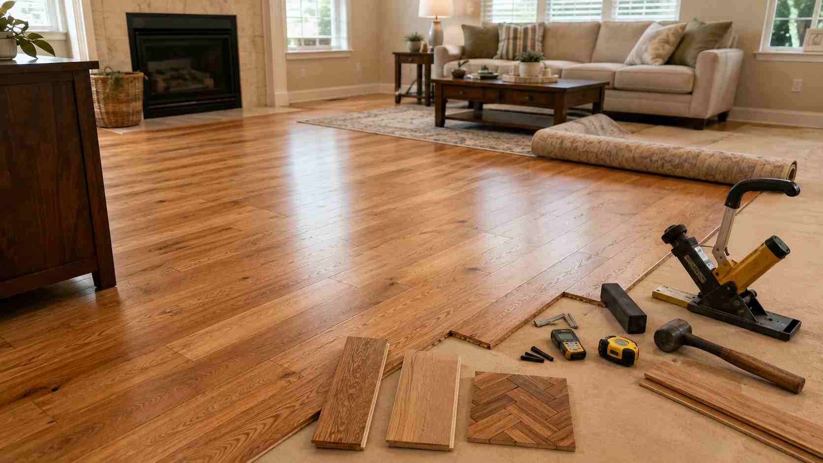 Hardwood Flooring Guide with polished wood floors, samples, and installation tools.