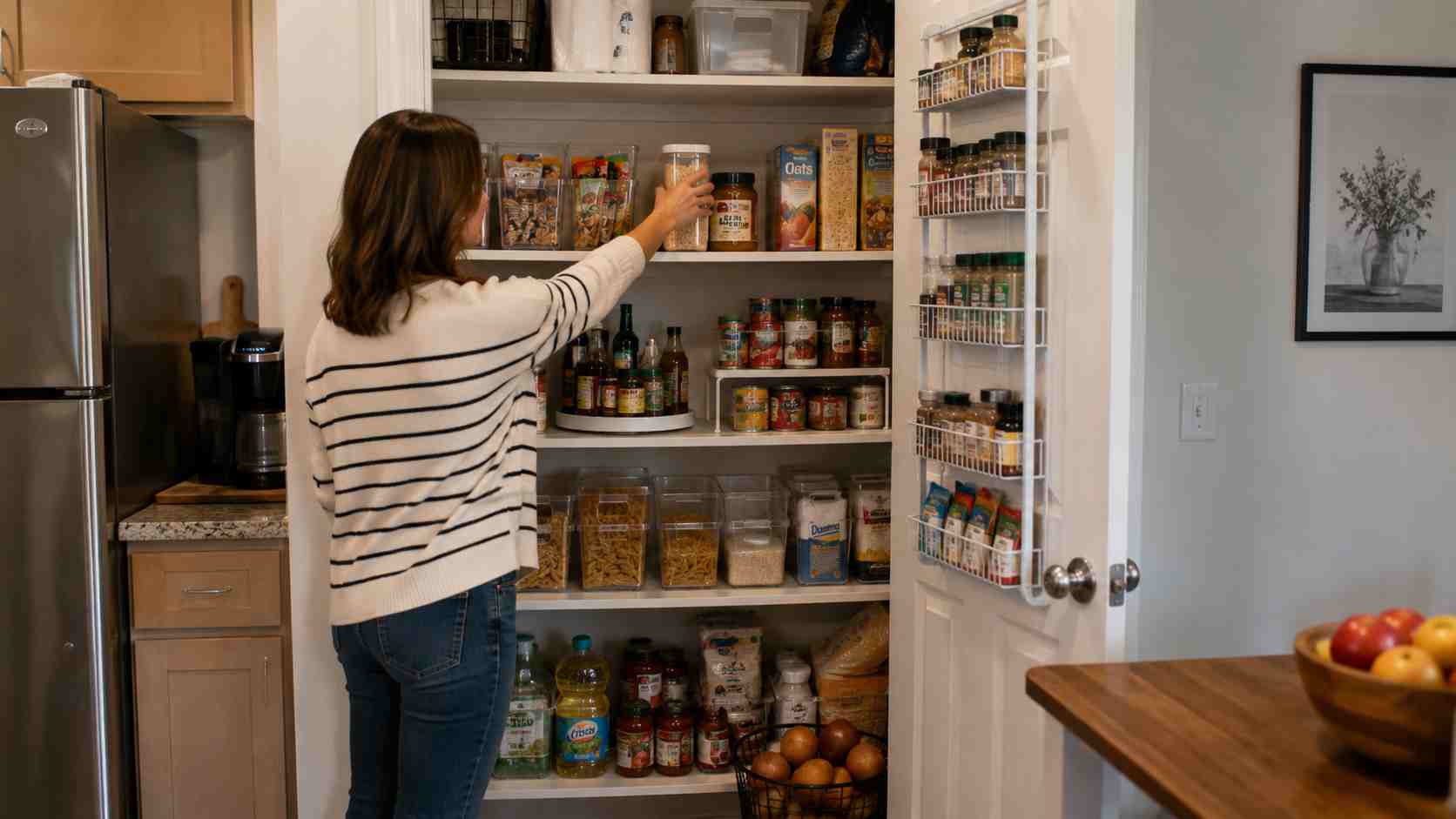 A woman organizing a kitchen pantry