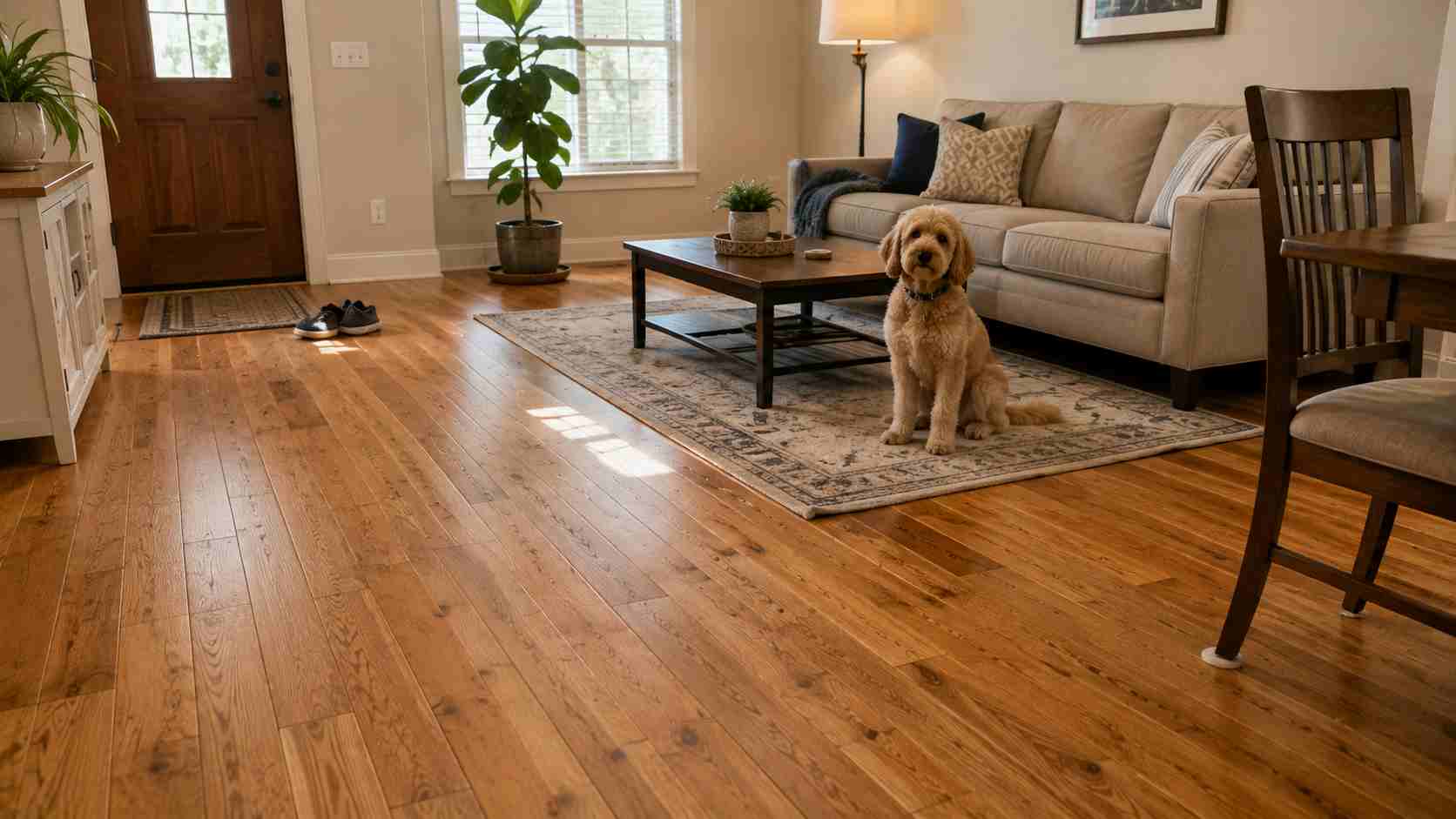 How to Protect Hardwood Floors with pet-friendly living room flooring.
