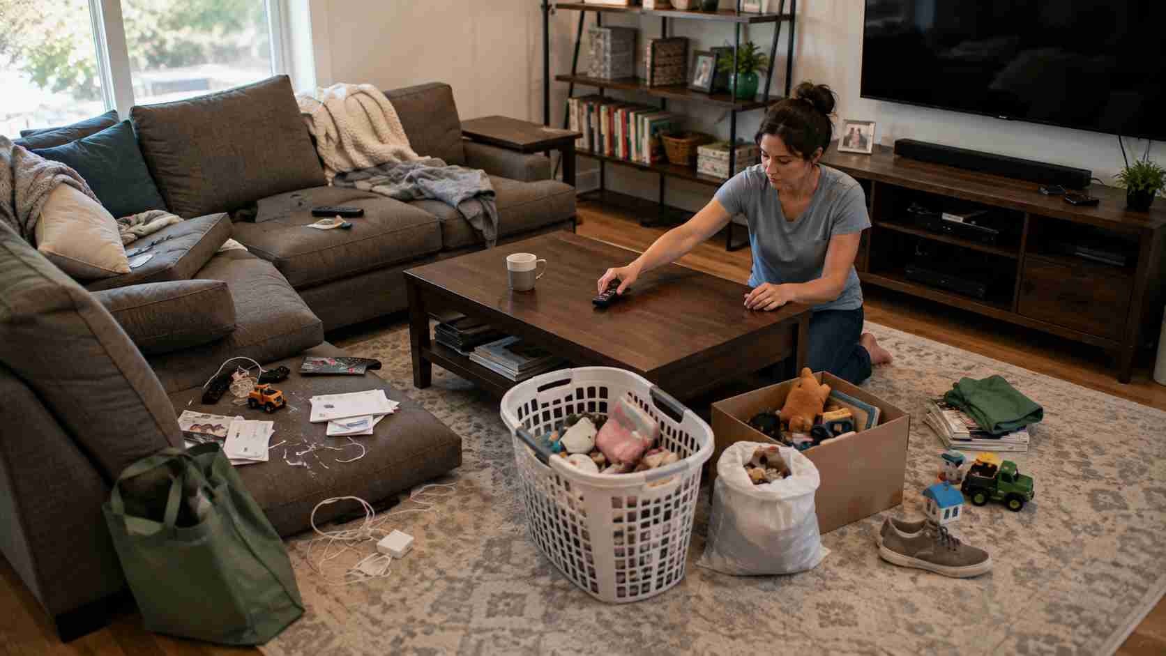 A woman decluttering her living room