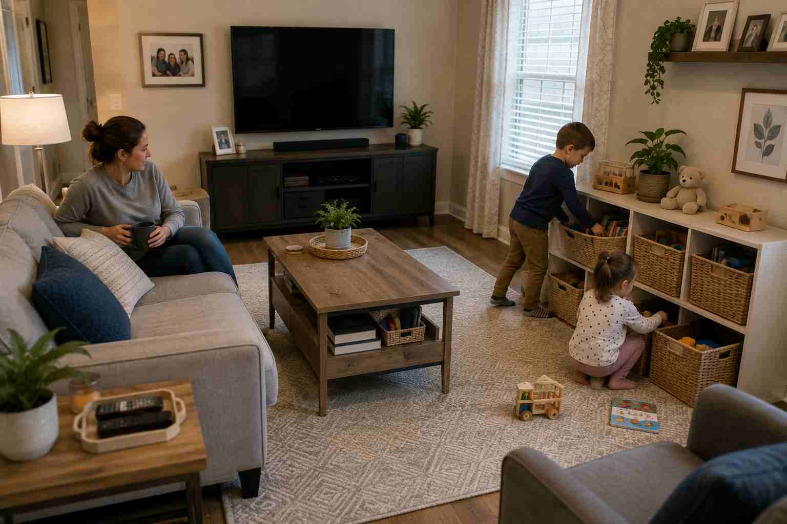 Organized living room with adult, kids and transition zones 