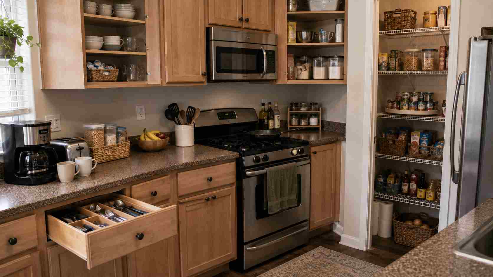 Organizing a home: Expert Tips for Every Room Organizing a home kitchen with tidy cabinets and pantry