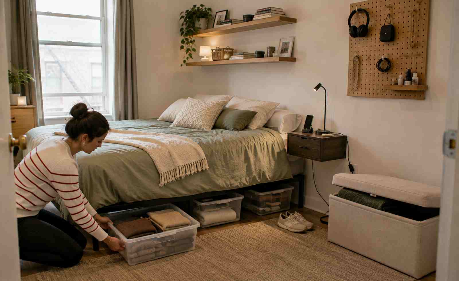 A woman utilizing underbed storage