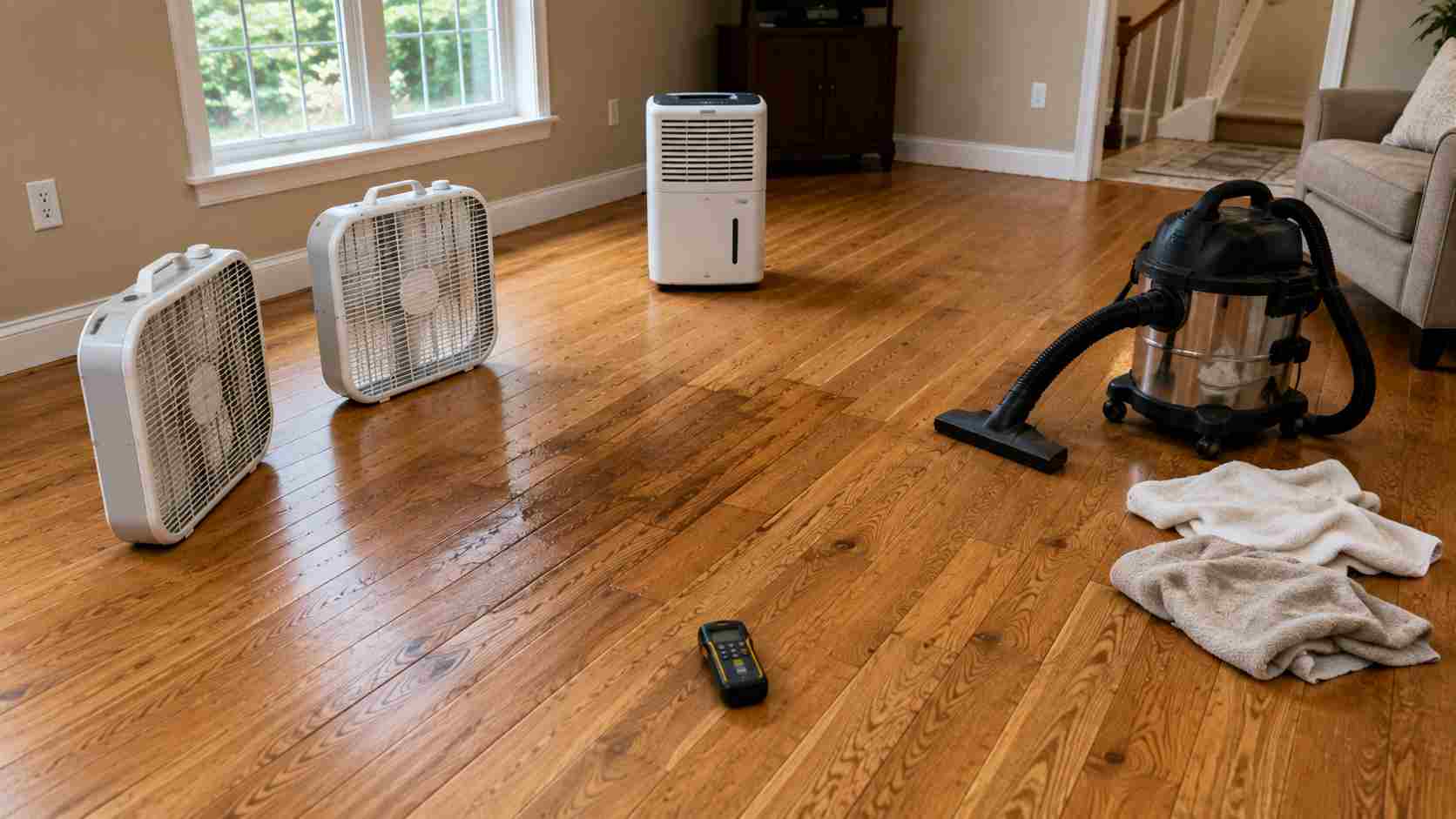 Water Damage to Wood Floor drying process with fans